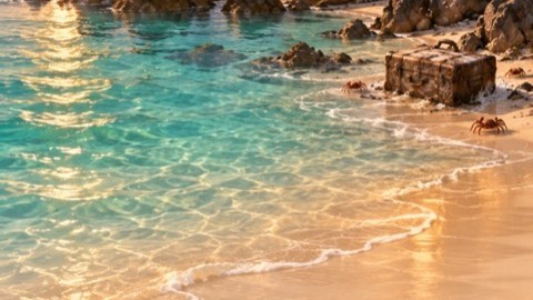Ein gemalter Strand mit einer angespülten Kiste