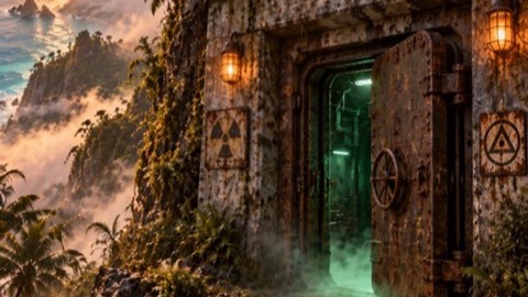 Eine rostige Bunkertür im Berg, dahinter grünes Licht