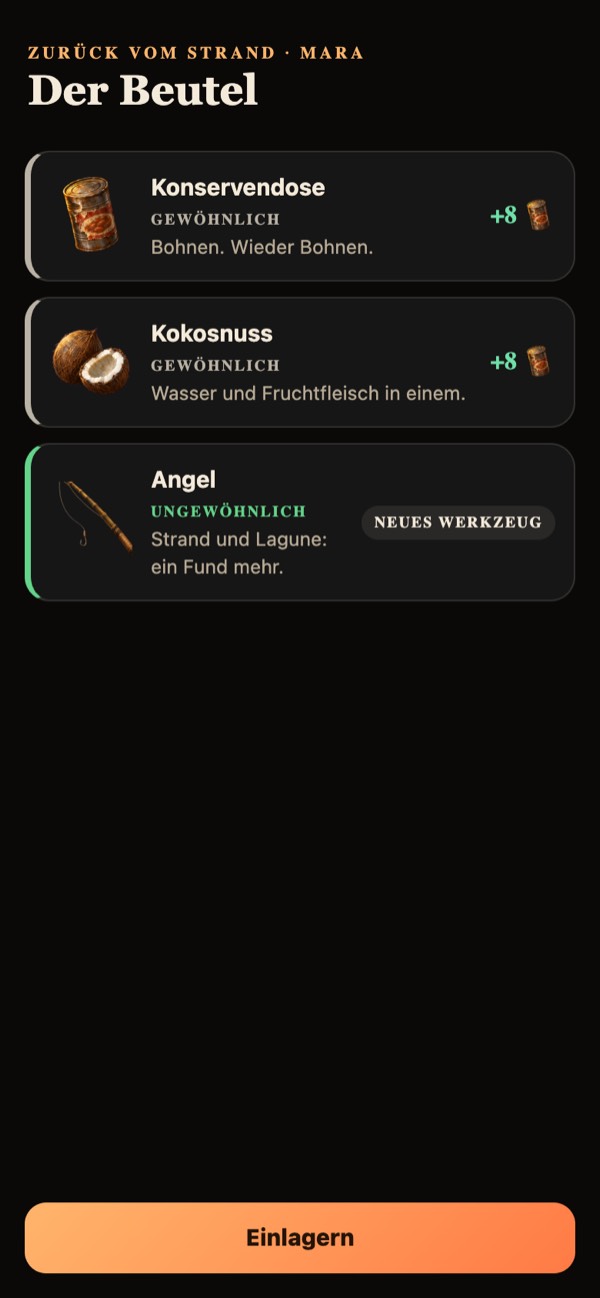 Der erste Beutel vom Strand mit drei Funden
