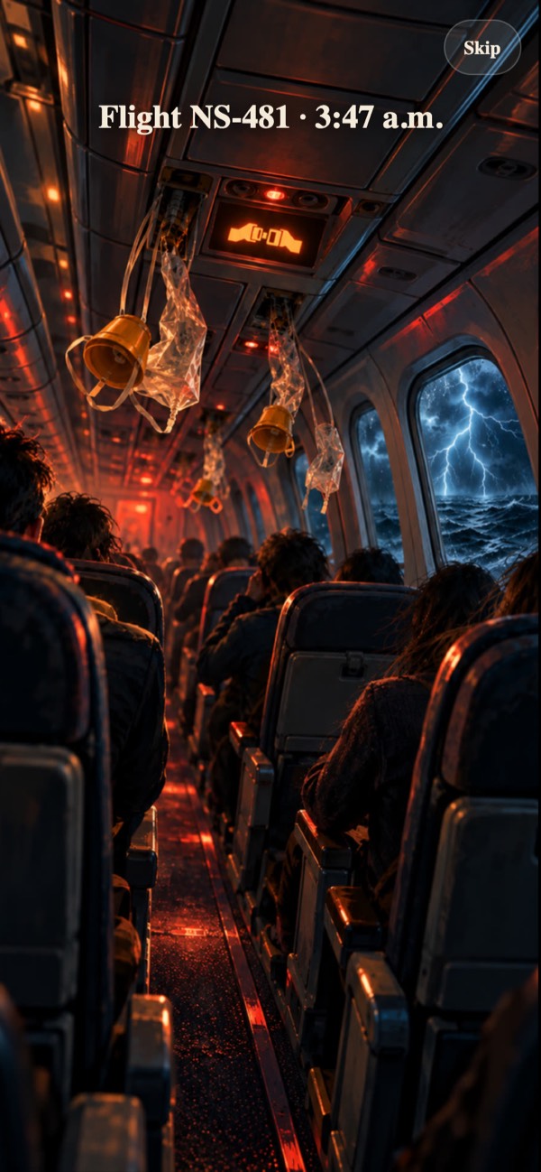 Intro: cabin of flight NS-481 at 3:47 a.m., oxygen masks down, lightning outside