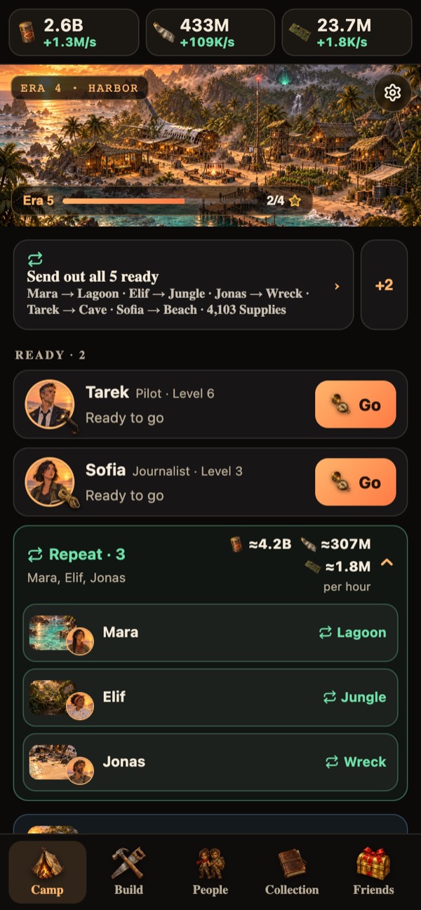 Camp in era 4 Harbor: two people ready to go, three on repeat