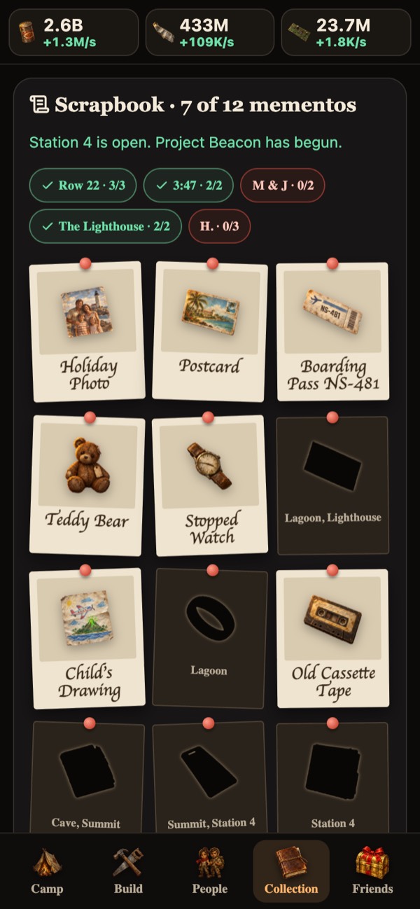 Scrapbook with 7 of 12 mementos and story threads