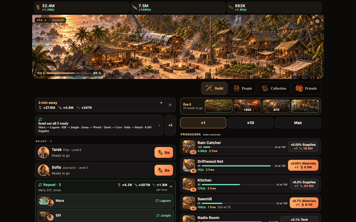 The game on a PC screen: camp on the left, build list on the right
