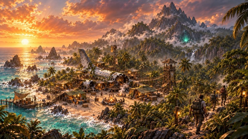 Painted key art: a crashed plane on a tropical beach at sunset, survivors and a small camp